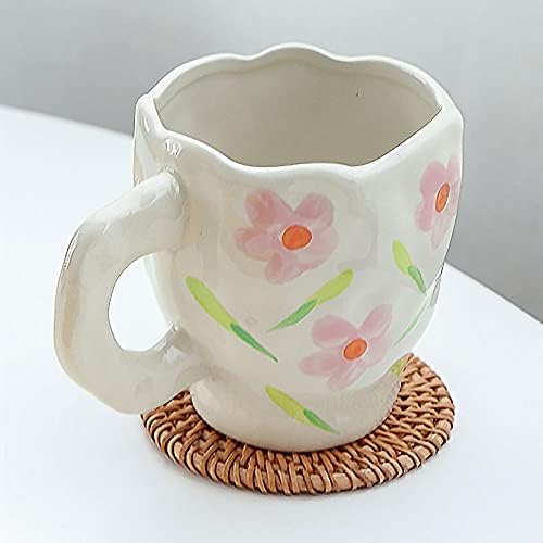 El yapımı özel şekilli seramik fincan, el-boyalı çiçek kahvaltı fincan, vintage dalgalı kenar latte kahve fincanı,