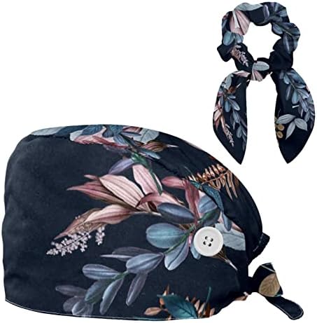 Düğmeli Ayarlanabilir Çalışma Başlığı, Mavi Vintage Çiçek Cerrahi Başlık Ter Bandı, Fiyonklu Şapkaları Geri Bağlayın