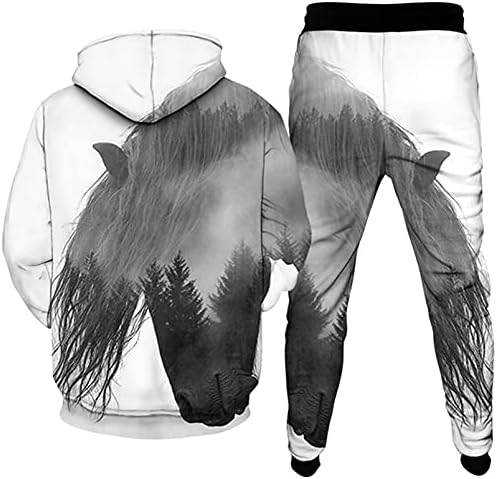 Erkek Eşofman 2 Adet Setleri Hayvan At Galaxy Ay Yangın Baskılı günlük pantolon + Hoodies Takım Elbise