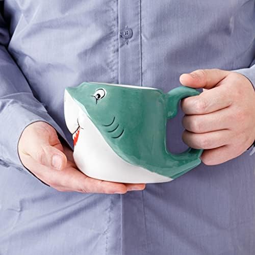 MyGift Mavi Seramik Sevimli Kahve kulplu kupa ve Karikatür Gülen Mutlu Bebek Köpekbalığı Şekilli Tasarım, Yenilik