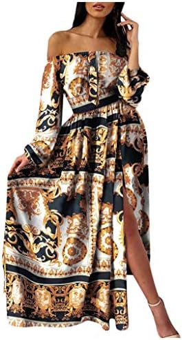 VEZAD kadınlar için açık omuzlu Çiçek Baskı Uzun Kollu Maxi Elbise Casual Yarık Salıncak Parti Elbiseler