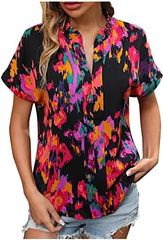 Bayan Yaz Üstleri Çiçek Baskılı V Boyun Tee Gömlek Casual Bluz Kısa Kollu Gömlek Bayan 2023 Moda Üstleri