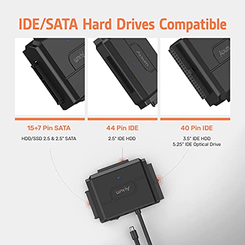 Alxum USB 3.0-IDE SATA Dönüştürücü, Evrensel 2,5 ve 3,5 inç SATA HDD SSD ve IDE HDD Sürücüler için, 12V 2A Güç Adaptörlü