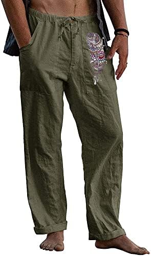 Erkekler Yaz Pamuk Keten Pantolon Elastik Bel İpli Baggy Cepler Pantolon Rahat Hafif Aktif Sıkı Pantolon