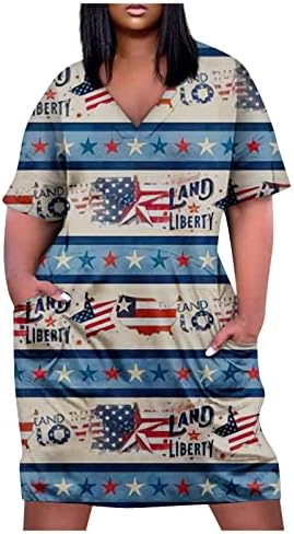 ayaso Bağımsızlık Günü Bayan Kısa Kollu Amerikan Bayrağı Grafik Baskı Elbise Gevşek Fit Artı Boyutu Diz Cep Dökümlü