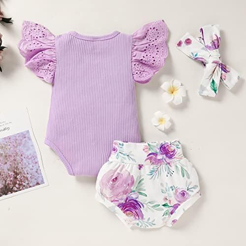 ZOELNİC Bebek Kız Giysileri, Yenidoğan Yaz Dantel Ruffles Romper + Çiçek Şort 3 adet Toddler Photoshoot 3 adet Kıyafetler