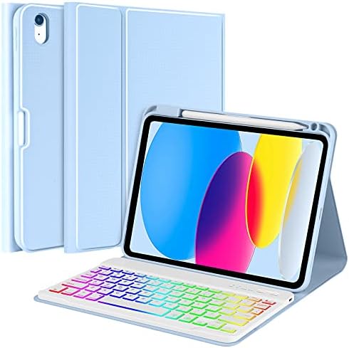 aMZCaSE iPad 10. Nesil Klavyeli Kılıf (10.9, 2022), 7 Renkli Arka ışık, Yeni iPad 10. Nesil 2022 için Kalemlikli Kablosuz