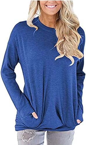 Kadın T Gömlek Casual Tops O-Boyun Uzun Kollu Renk Blok T-Shirt Katı Cep Gevşek Boy Bluzlar Tops Artı Boyutu