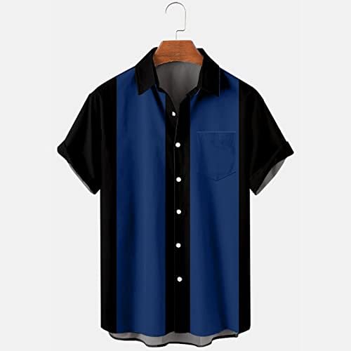 Erkek Çizgili Yaz Kısa Kollu gömlek Düzenli Fit Düğme Aşağı Gömlek Vintage Casual Bowling Gömlek Tops