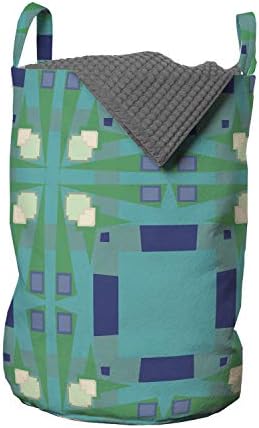 Ambesonne Geometrik Çamaşır Torbası, Koyu Seafoam Zemin Üzerine Çeşitli Şekiller, Çamaşırhaneler için İpli Kulplu