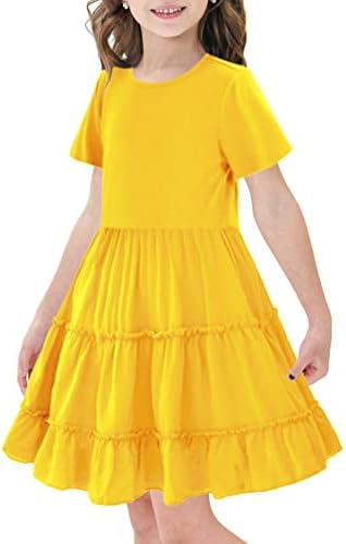 WUİRMELY Kızların Yaz Kısa Kollu Rahat A-line Fırfır Katmanlı Twirly Elbise
