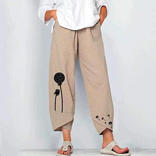 DSODAN Yaz kapri pantolonlar Kadınlar için, Pamuk Keten Geniş Bacak Kapriler Bayan Kırpılmış Pantolon Elastik Bel