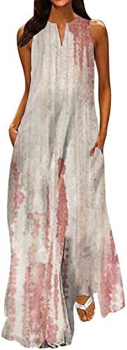 TREBIN kadın Yeni Bahar ve Yaz Moda Klasik V Yaka Renkli Baskı Kolsuz uzun elbise