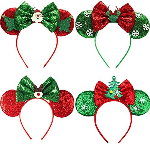 Mannxitzdy 4 Adet Noel Fare Kulaklar Yay Bantlar Sparkle Fare Kulaklar Kafa Bandı Noel Ağacı Saç Çember Noel Bantlar