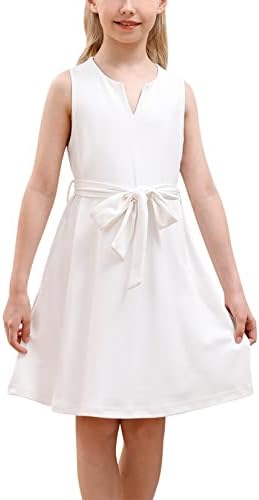 GORLYA kızlar kolsuz yaz rahat çentik boyun Twirly salıncak Kuşaklı elbise 4-14T için cepler ile