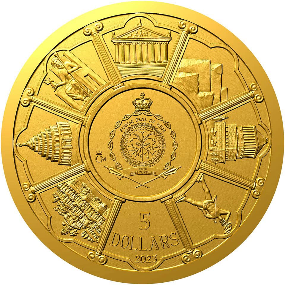 2023 DE Yedi Harikası PowerCoin Antik Dünyanın Rodos Colossus'u 1/10 Oz Altın Sikke 5 $ Niue 2023 Kanıtı