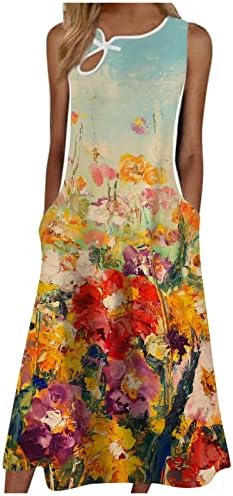 MIASHUI Orta Uzunlukta Elbise Kadın Çiçekler Elbiseler Kolsuz Düğme T Shirt Midi Elbise Rahat Gevşek Yaz Elbiseler