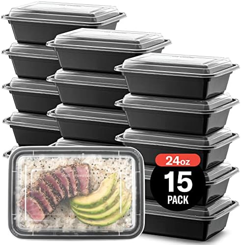 15'li Paket Yemek Hazırlama Plastik Mikrodalgada Gıda Kapları yemek hazırlama ve Kapakları.(24 OZ.) Siyah Dikdörtgen