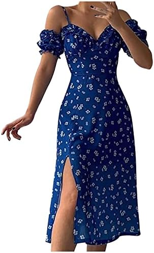 Kadın tek omuzlu elbise Yaz Boho Çiçek Spagetti Kayışı Kısa Kollu V Boyun Seksi Yan Bölünmüş Midi rahat elbise