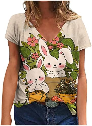 lczıwo Mutlu Paskalya Günü Bluzlar Kadınlar için 2023 Desenli V Boyun Kısa Kollu Baggy Fit T Shirt