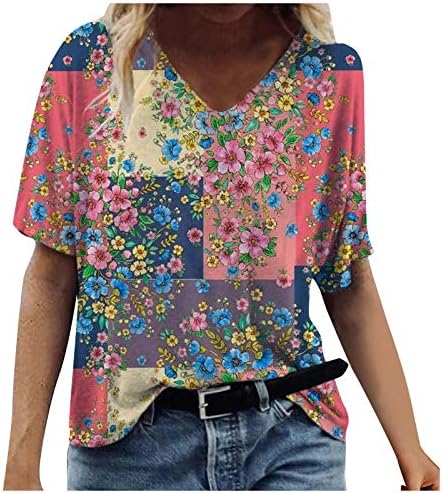 Bayan Üstleri Yaz Moda Baskı Kısa Kollu V Boyun T Shirt Casual Çiçek Temel Tees Sevimli Şık Tunik Bluz