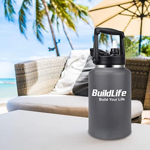 BuildLife Yarım Galon Su Şişesi Yalıtımlı-64 OZ Paslanmaz Çelik Su Şişeleri Hasır Kapaklı Geniş Ağızlı Sızdırmaz Yeniden