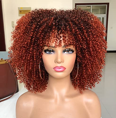 CC Saç 14 inç Kıvırcık Afro Peruk Siyah Kadınlar için Kısa Kinky Kıvırcık kahküllü peruk Siyah Bakır Afro Saç Sentetik