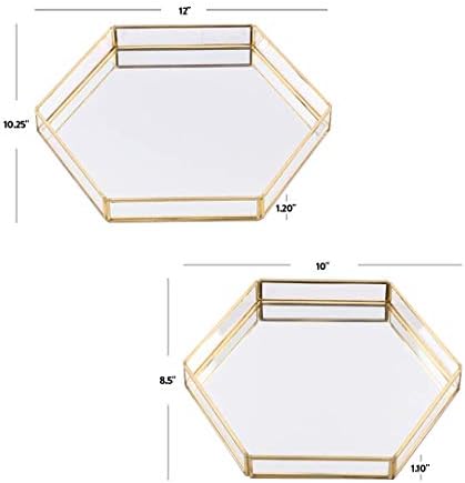Koyal Toptan Altın Cam Ayna Altıgen Tepsiler Vanity 2'li Set, Sehpa için Dekoratif Aynalı Altıgen Tepsiler