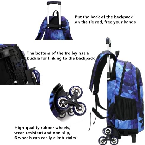 LANSHİYA 3 Adet Galaxy Çocuklar Haddeleme Sırt Çantası Siyah / Mavi Yıldızlı Gökyüzü Tekerlekli Arabası okul çantası