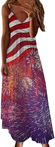 4th Temmuz Kayma Elbiseler Kadınlar için Bayrak Bağımsızlık Günü Rahat Gevşek V Boyun Kolsuz Maxi Uzun Yıldız Çizgili