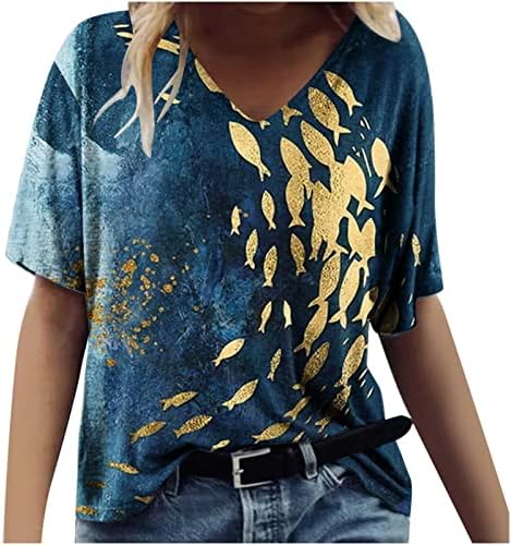 pbnbp Bayan Yaz Gevşek Gömlek Yenilik Kısa Kollu Kelebek Tunik Üstleri Baskılı V Boyun Günlük Giyim Moda T Shirt Blusas