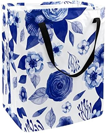 Mavi Suluboya Çiçekler Vintage Baskı Katlanabilir Çamaşır Sepeti, 60L Su Geçirmez çamaşır sepetleri Çamaşır Kutusu