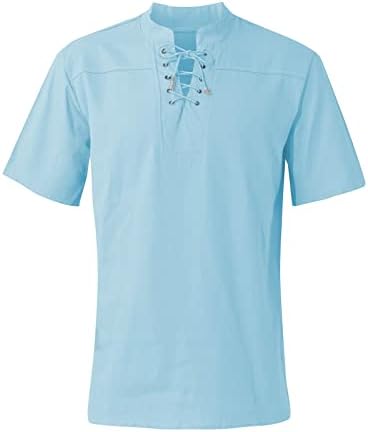 RTRDE erkek T-Shirt Düz Renk Retro Dantel-Up Yaka Rahat V Yaka İpli Kısa Kollu Gömlek gömlekler