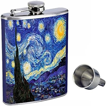 Vincent Van Gogh Yıldızlı Gece Mükemmellik Tarzı 8 oz Paslanmaz Çelik Viski Şişesi Ücretsiz Huni ile D-141