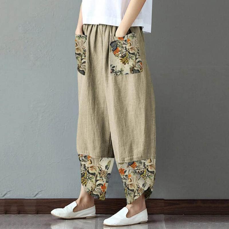 İlkbahar Sonbahar Kadınlar Pamuk Keten Kalem Rahat Baskı Patchwork Gevşek Uzun Pantolon Streetwear Bayan Pantolon