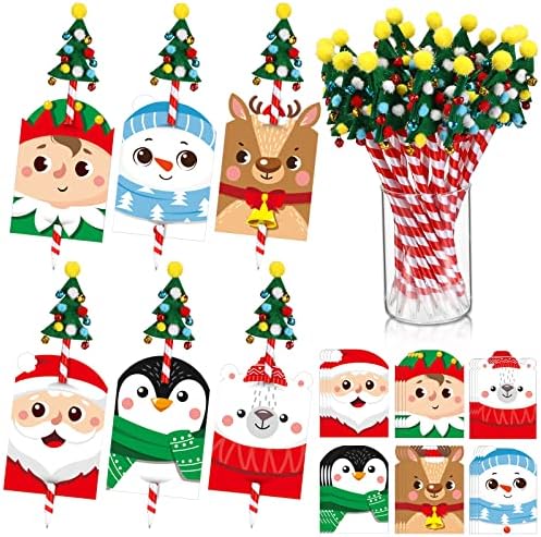 24 Setleri Noel Şeker Kamışı Kalemler Tebrik Kartları ile Sevimli Noel Tebrik Kartları Siyah Mürekkep Noel Ağacı Kalemler