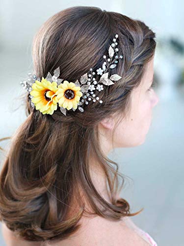 BAROGİRL Düğün Saç Asma Aksesuarı Ayçiçeği Gelin Başlığı Altın Çiçek Kafa Bandı Kadınlar ve Kızlar için (Gümüş)