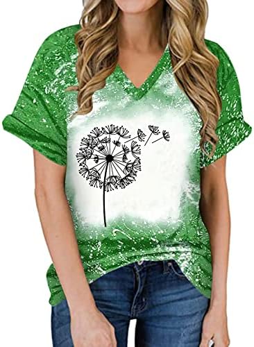Kadın Grafik Baskı Kısa Kollu Gömlek Karahindiba Baskı Egzersiz Tee Gömlek V Boyun Rahat T Shirt Üst