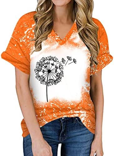 Kadın Grafik Baskı Kısa Kollu Gömlek Karahindiba Baskı Egzersiz Tee Gömlek V Boyun Rahat T Shirt Üst