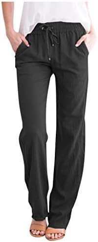 Keepfit Rahat Düz Pantolon Kadınlar için İpli Bel Katı Uzun cepli pantolon Keten Pamuk Elastik Bel Pantolon