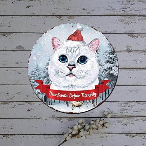 Merry Christmas Çelenk Burcu Sevgili Santa Tanımlamak Yaramaz Kedi Yuvarlak Metal Tabela Noel Kapı Dekor Retro Plak