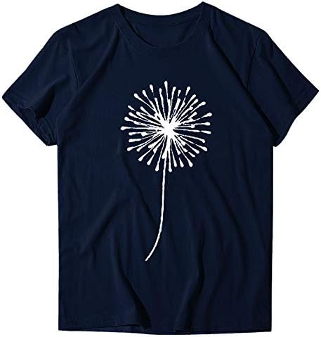 Anıywn kadın Temel Kalp Baskı T-Shirt Pamuk Crewneck Karahindiba Baskı O-Boyun Kısa Kollu Gevşek Rahat Gevşek Bluz