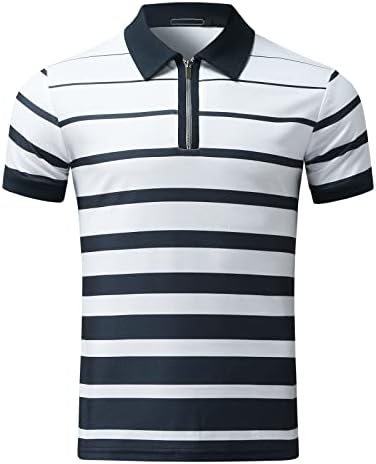 T-Shirt erkekler için, Yaz Çizgili Patchwork Kısa Kollu T Gömlek Fermuar Turn-Aşağı Yaka Klasik Rahat Golf Üstleri