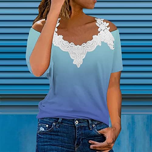Tığ işi Dantel V Boyun Bluzlar Kadınlar için Yaz Üstleri Soğuk Omuz kısa kollu t-shirt Baskı Gevşek Rahat Bluz