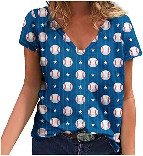 Beyzbol Gömlek Kadın Kısa Kollu V Boyun Yaz Üstleri Sevimli Beyzbol Grafik Tees Beyzbol Oyunu Severler Tshirt Bluz