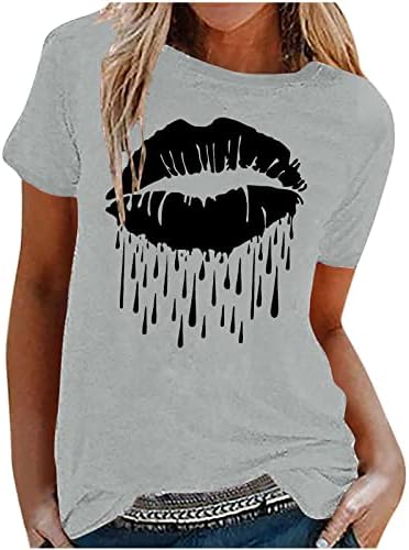 Kadın Yaz Rahat kısa Kollu tişört Yuvarlak Boyun Grafik Baskılı Dudak Baskı Tee Gömlek Üst