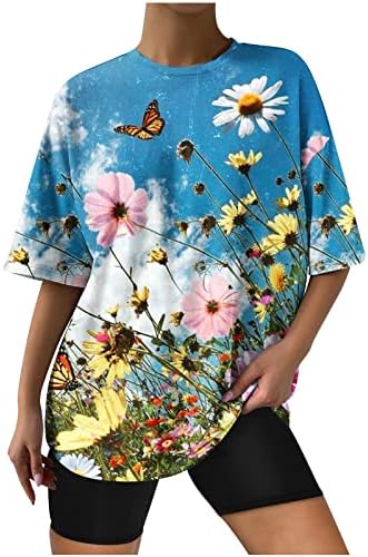 Bayanlar Büyük Boy Çiçek baskı t-shirt Kısa Kollu Tee Gömlek Gevşek Crewneck Bluz Tops Damla Omuz Casual Tunik Üst