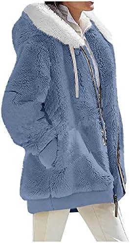 Bayan 2022 Kış Bulanık Polar Ceket Kapşonlu Renk Bloğu Patchwork Hırka Palto Kabanlar Cepler ile