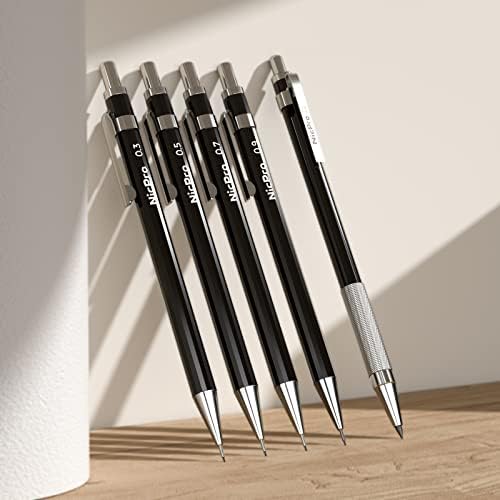 Nicpro 5 ADET Siyah Metal Mekanik kurşun kalem seti Deri Kılıf, 0.3, 0.5, 0.7 , 0.9 mm ve 2mm Kurşun Kalem Tutucular,
