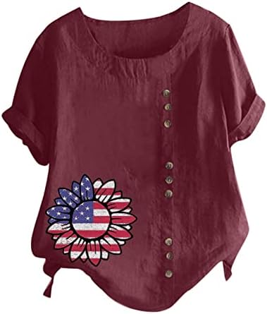 Kadın Pamuk Keten T Shirt ABD Bayrağı Ayçiçeği Tops 4th Temmuz Bluzlar Bağımsızlık Günü Gömlek Sevimli Düğme Tunik